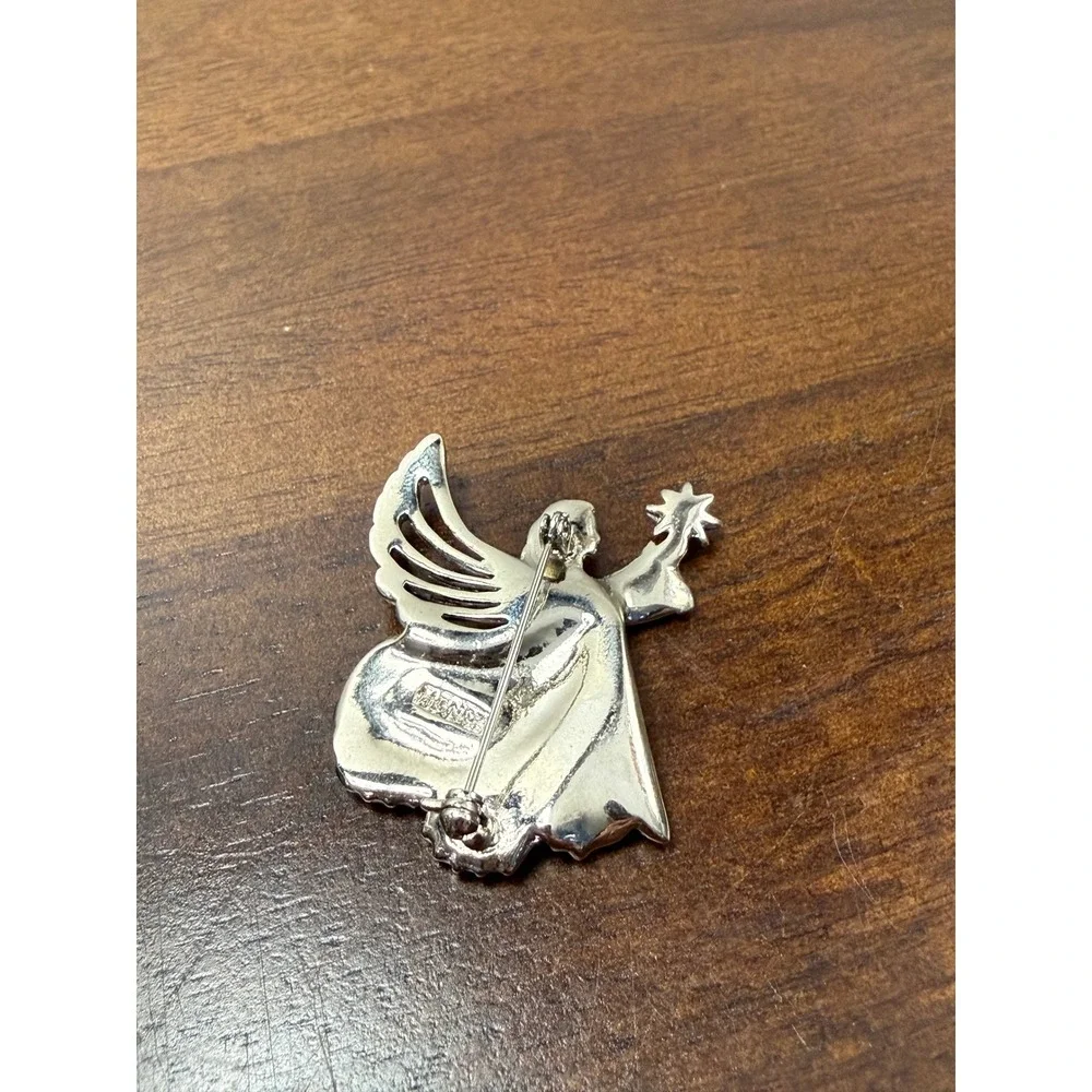 Monet Silver Tone Blue Green Enamel Angel Brooch Rhinestone Star Pin Holiday - Picture 3 of 5
